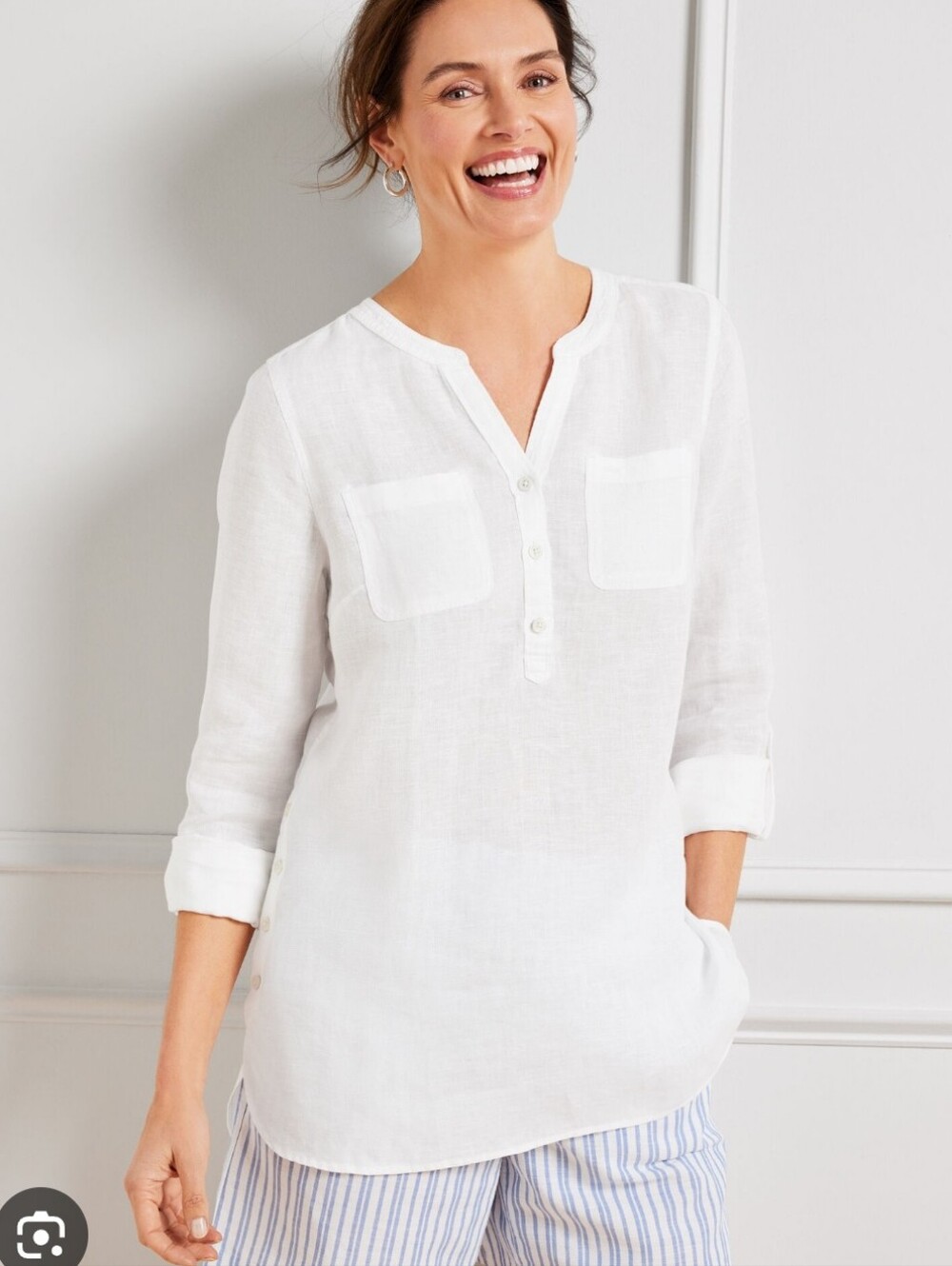 Talbots White Popover 100% Linen Womens MP Simple Clean Breathable